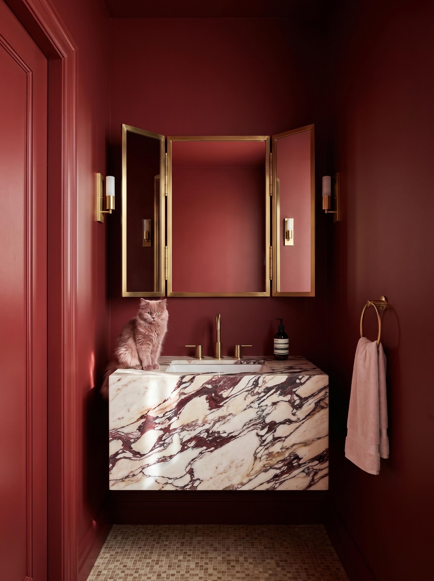 Brass folding mirror in moody red powder room.
