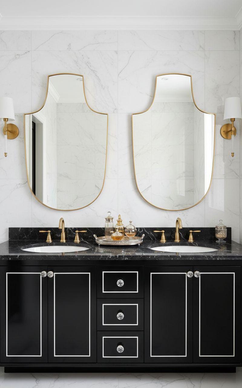 Double shield brass bathroom mirrors over black vanity