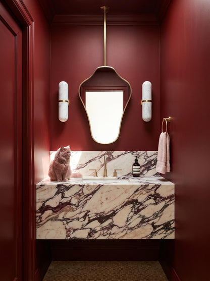 Suspended brass mirror in a moody red powder room