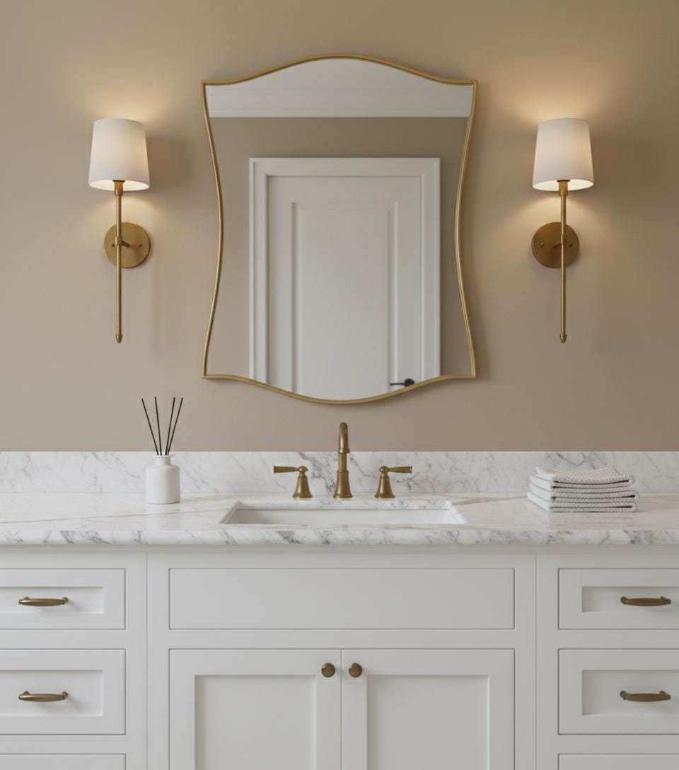 Scalloped brass wall mirror above bathroom vanity