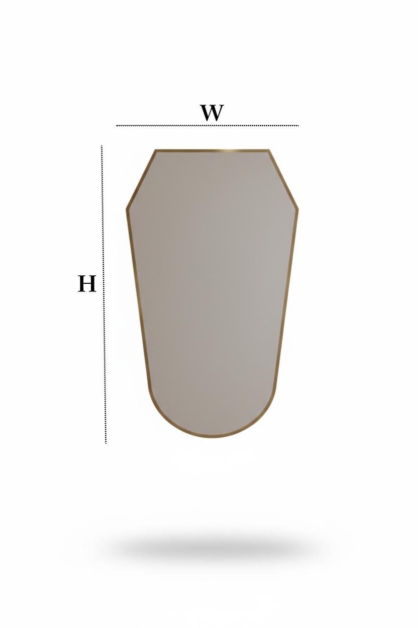 Shield brass mirror front view with dimensions