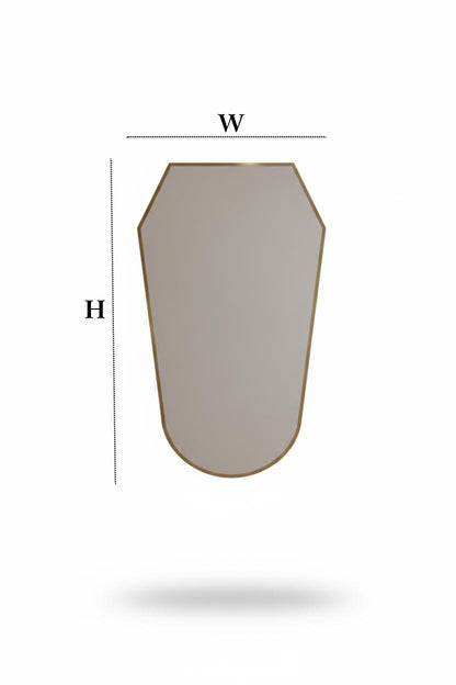 Shield brass mirror front view with dimensions