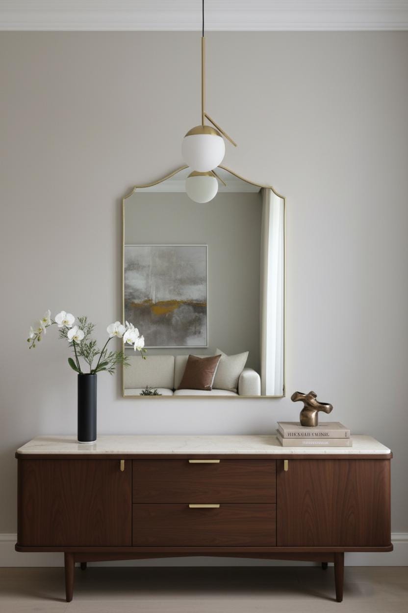 Brass arched mirror above wooden dresser, decorated with orchid flowers, books, and modern pendant light.