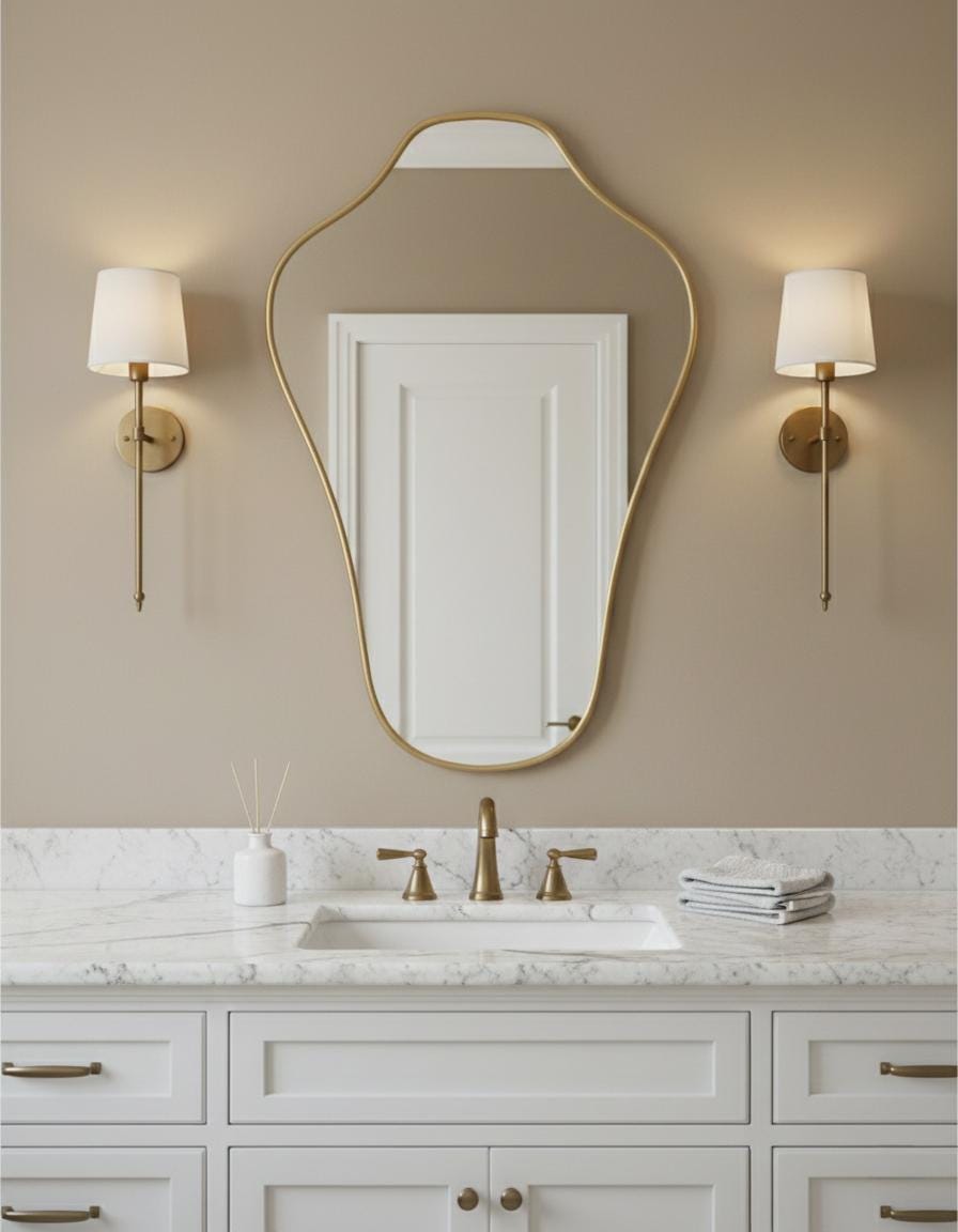 Organic modern brass mirror above white bathroom sink