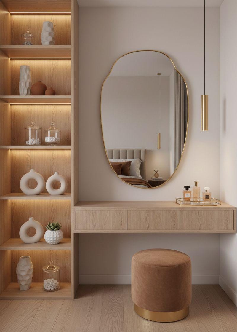 Organic curved brass mirror in modern bedroom vanity area