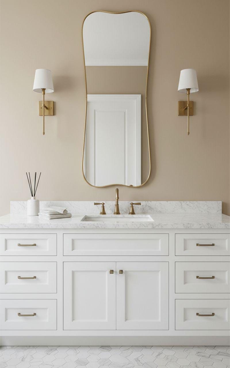 Curved gold vanity mirror above white bathroom sink