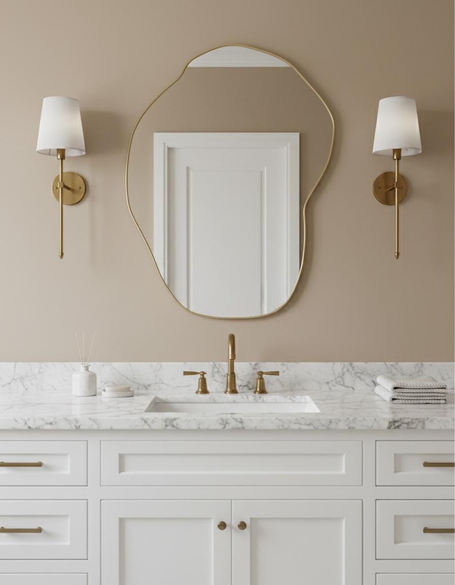 Asymmetrical brass bathroom mirror with marble countertop and sconces