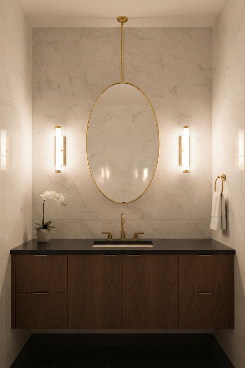 Oval brass hanging mirror in marble powder room