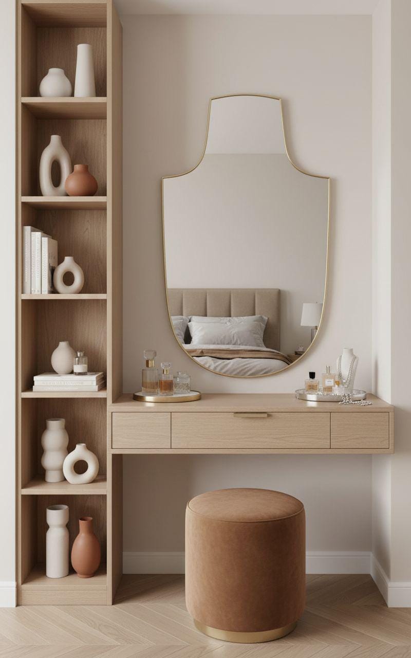 Shield brass wall mirror above wooden vanity in modern bedroom
