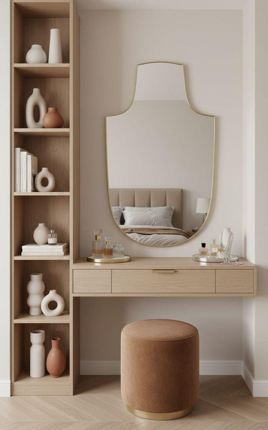 Shield brass wall mirror above wooden vanity in modern bedroom