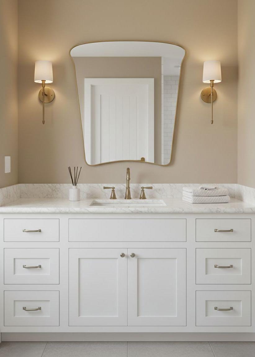 Curved square brass mirror with wall sconces