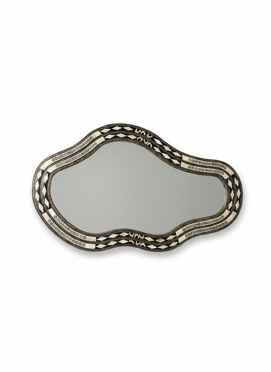 Horizontal freeform bone and brass wall mirror