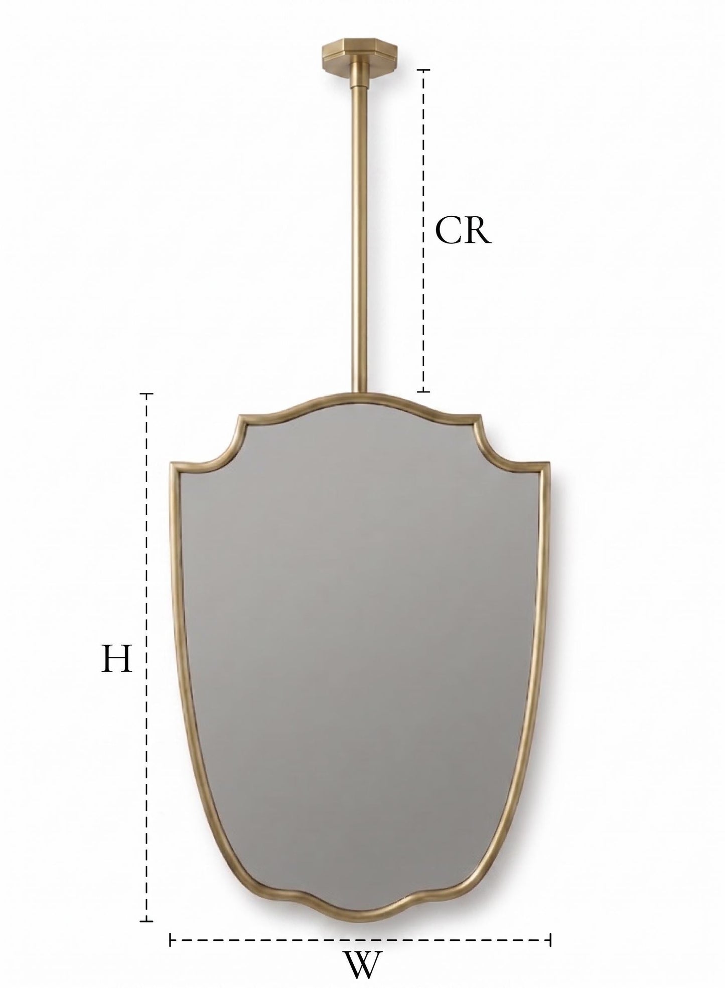 Suspended brass mirror with dimension guide showing height, width, and CR measurements.