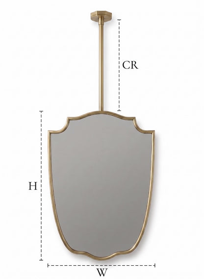 Suspended brass mirror with dimension guide showing height, width, and CR measurements.