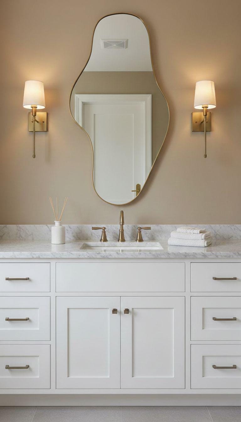 Organic unlacquered brass mirror over white bathroom vanity