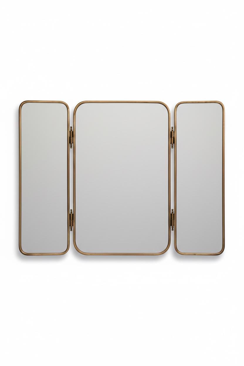 Three panel foldable brass bathroom mirror in a white background