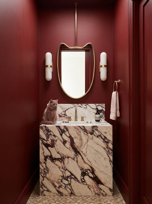 Ceiling-mounted brass mirror above marble vanity in elegant powder room