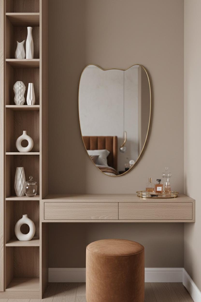 Curved crest brass mirror above modern vanity