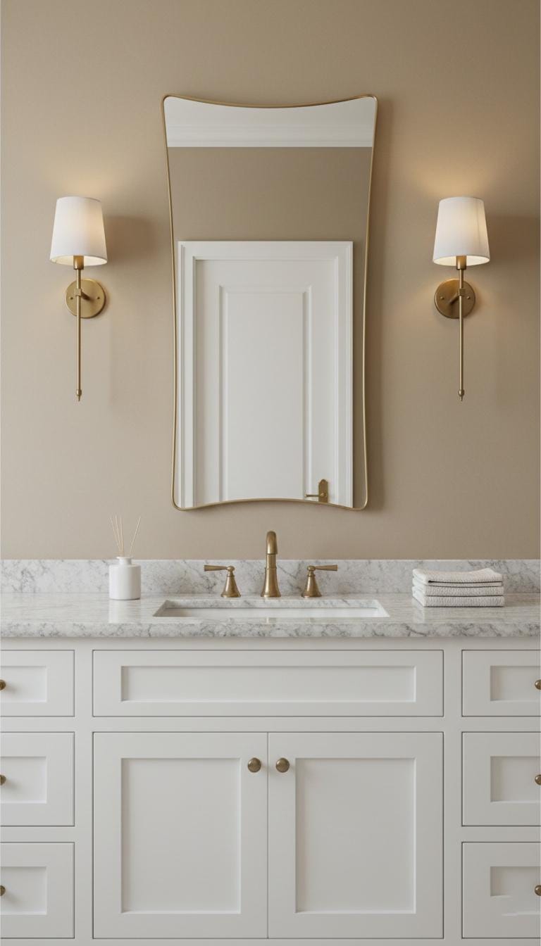 Irregular curved brass wall mirror above bathroom vanity