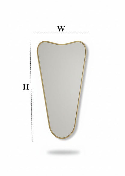 Asymmetrical curved top brass mirror with width and height diagram