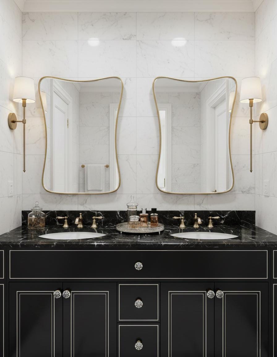 Double curved brass mirrors in luxury bathroom