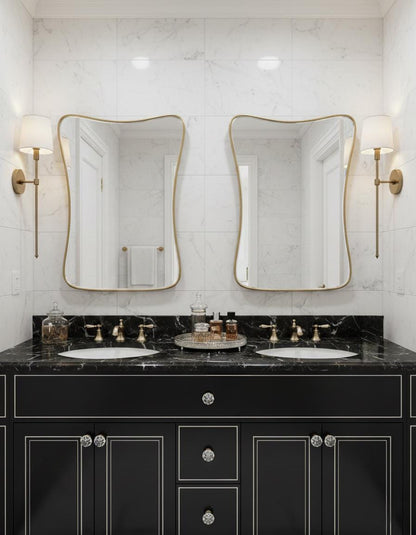 Double curved brass mirrors in luxury bathroom