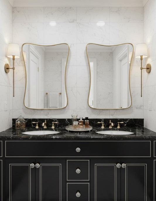 Double curved brass mirrors in luxury bathroom