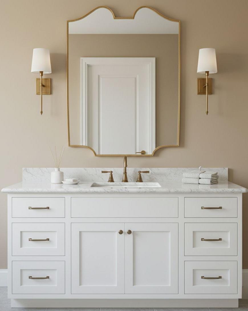 Handmade scalloped brass bathroom mirror over white vanity