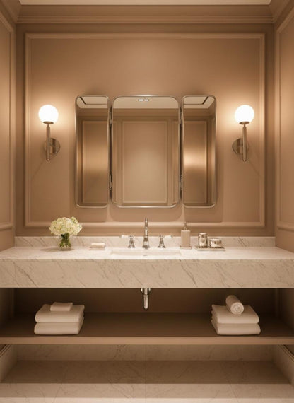 Three panel brass foldable mirror in elegant bathroom vanity