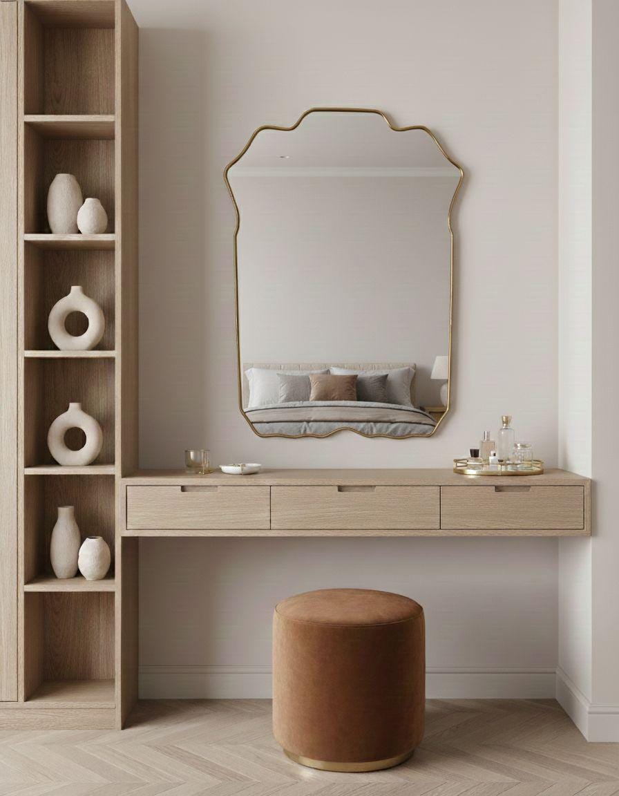 Unlacquered brass crest mirror above wooden vanity