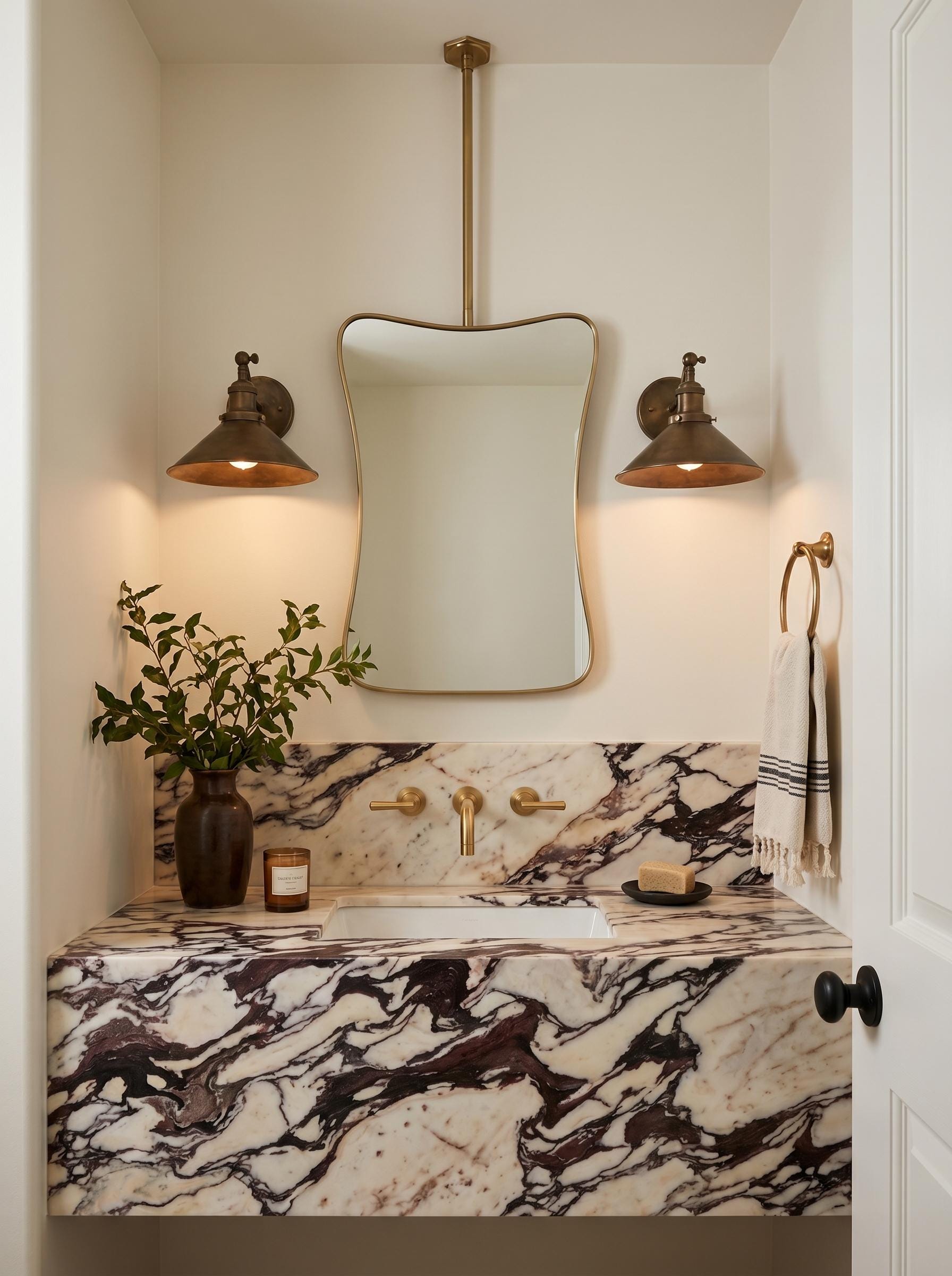 Organic shape suspended bathroom mirror