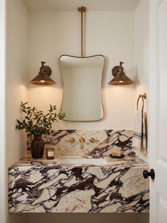 Organic shape suspended bathroom mirror