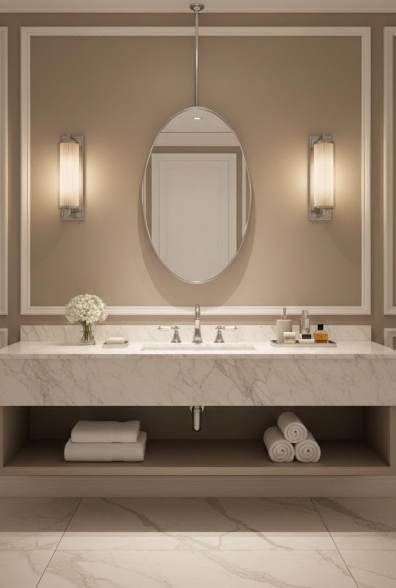 Oval Brass Mirror – Handmade Ceiling Suspended Bathroom Wall Mirror, Slim Oval Frame