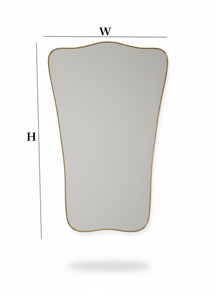 Asymmetrical brass mirror silhouette with height and width diagram