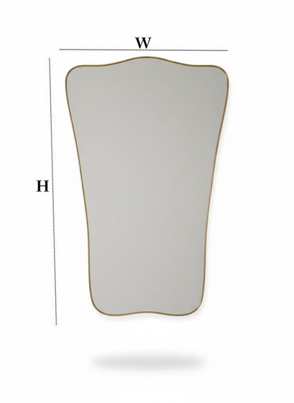 Asymmetrical brass mirror silhouette with height and width diagram
