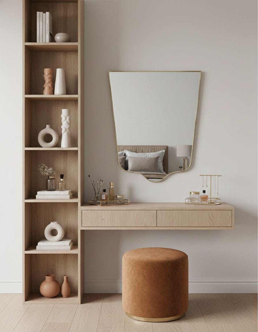 Modern shield gold mirror above wood vanity