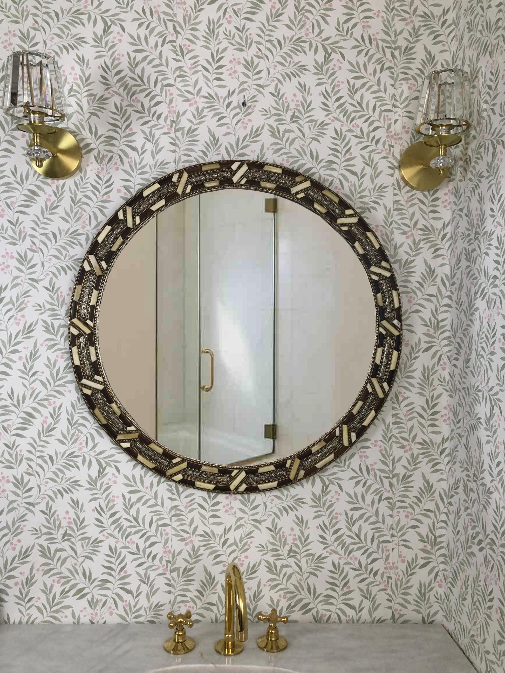 Round bone inlay mirror with brass sconces