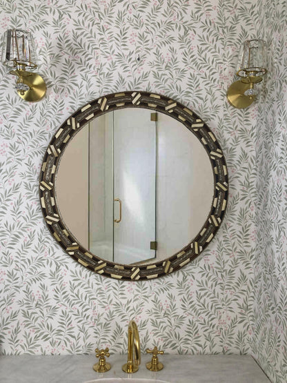 Round bone inlay mirror with brass sconces