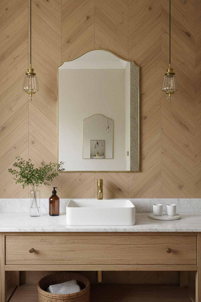 Arched brass framed mirror above vanity with white marble counter, wood panel walls, and pendant lights