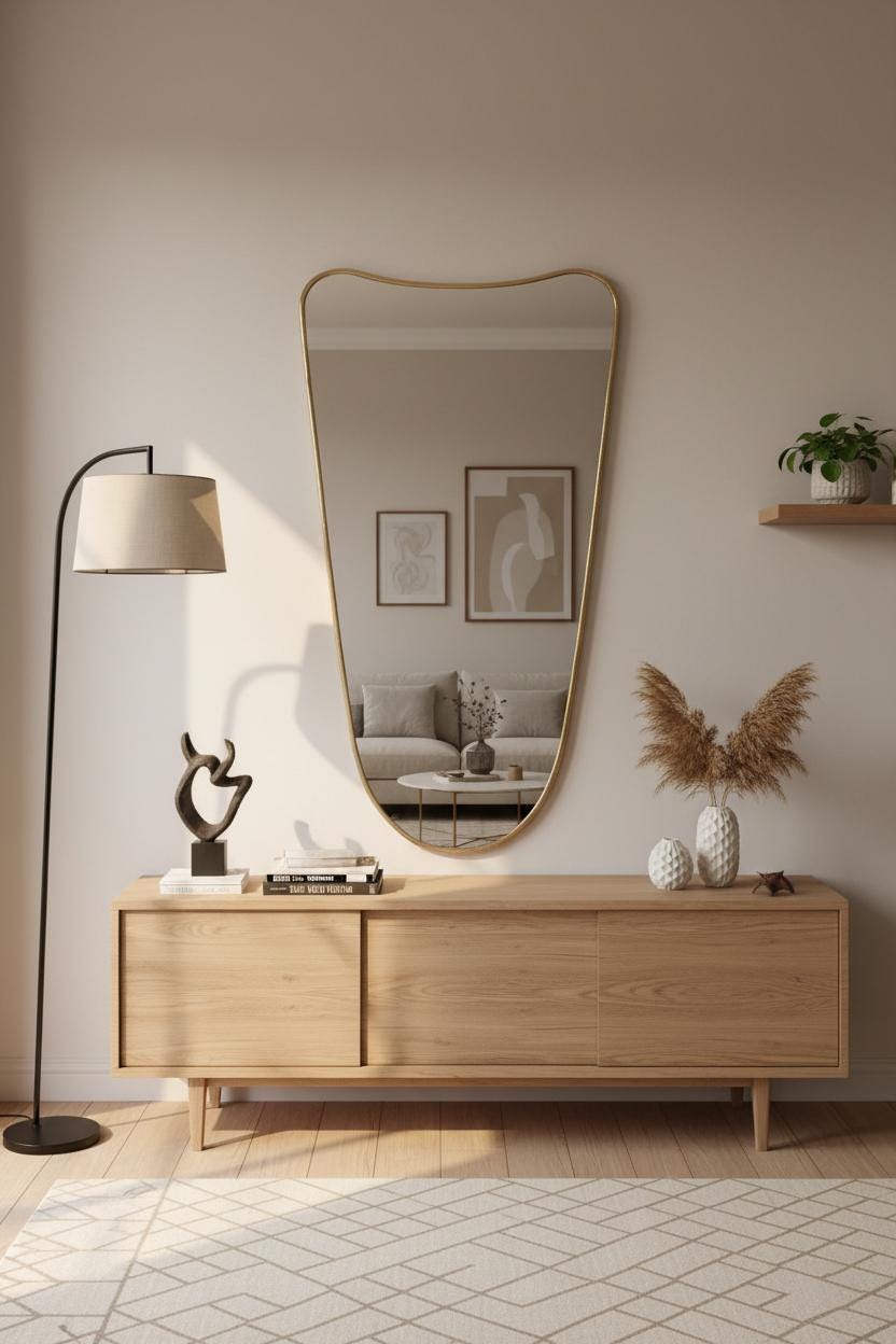 Gold brass asymmetrical mirror styled above a console with natural light and décor accents.