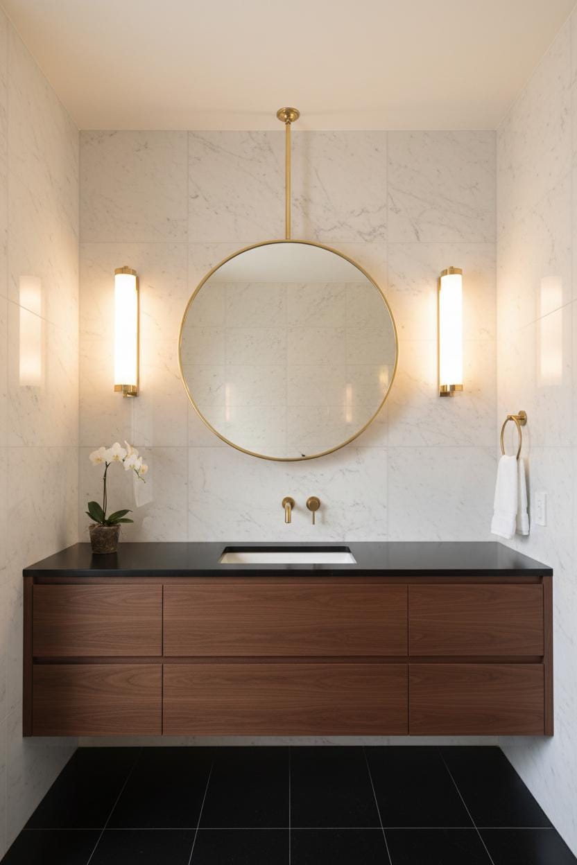 Modern bathroom with round brass hanging mirror and marble wall