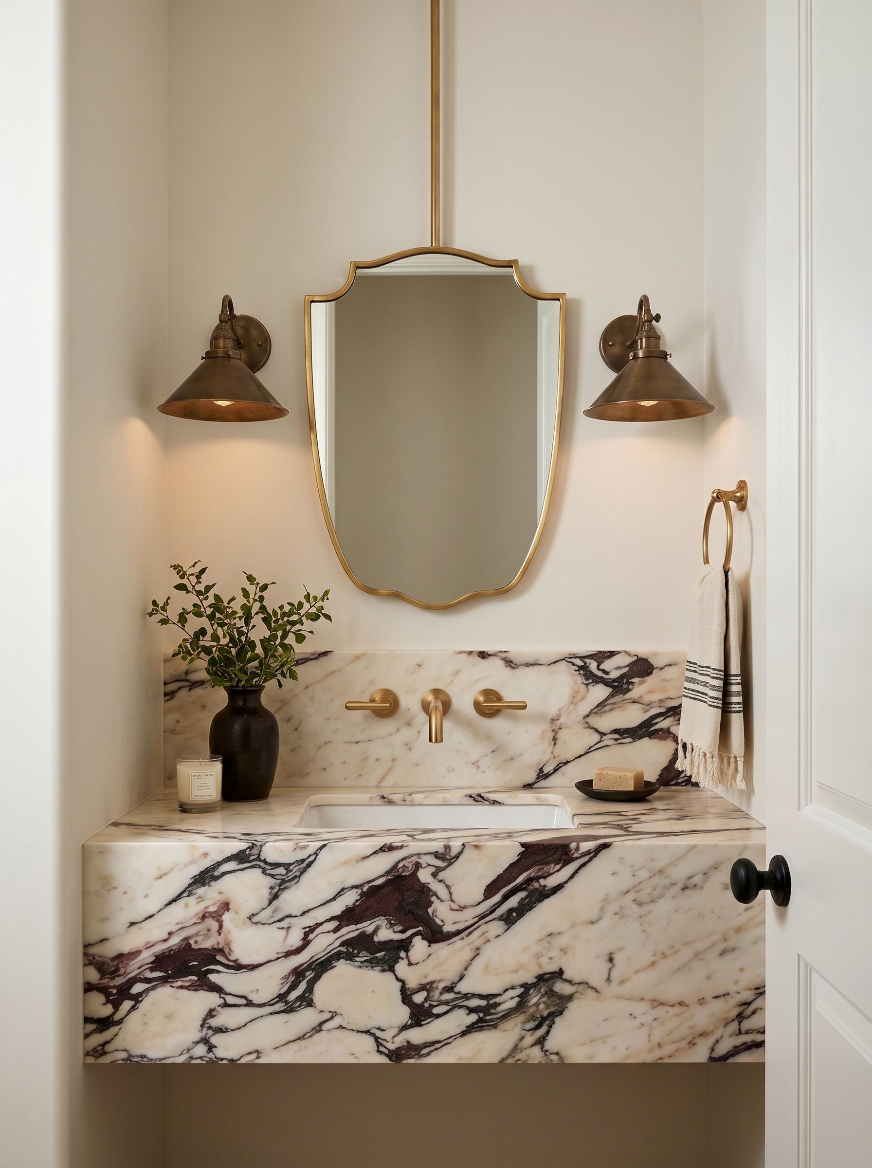 Suspended brass mirror above a marble vanity in a warm neutral bathroom.