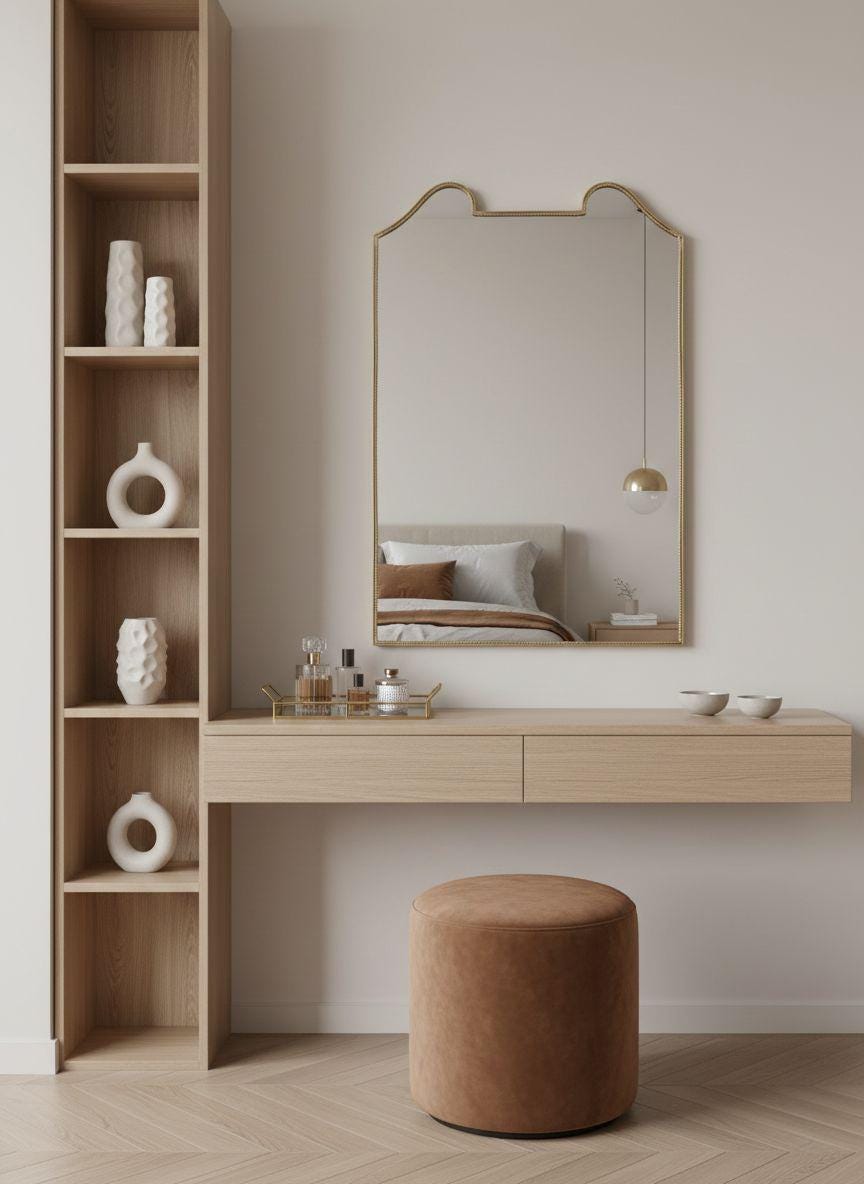 Curved rectangular gold mirror above modern wooden vanity