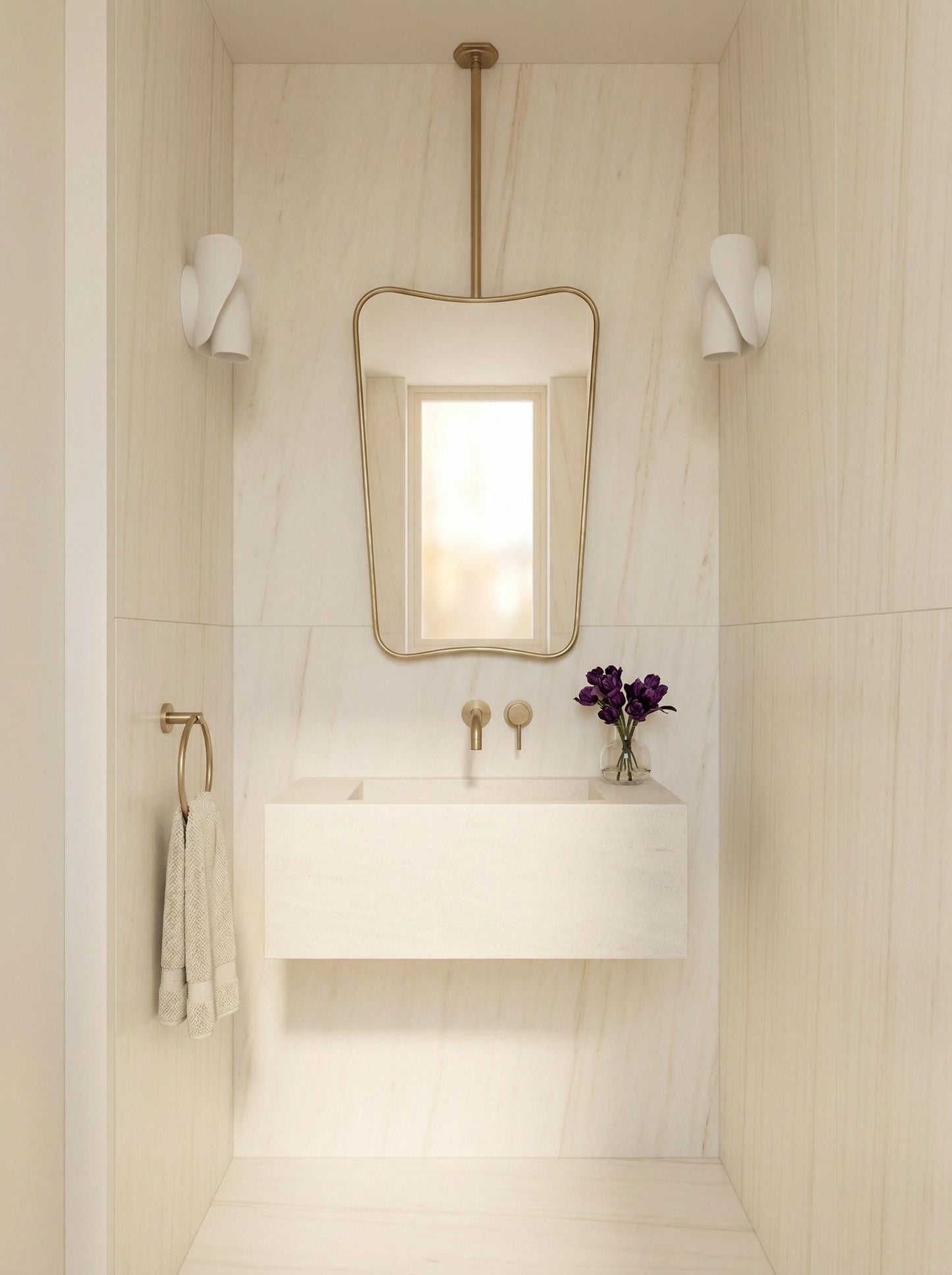 Ceiling Mounted Brass Mirror – Curved Suspended Bathroom Floating Frame