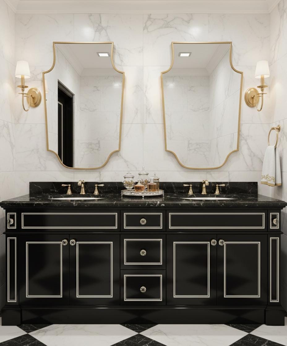 Pair of shield-shaped brass mirrors in double bathroom vanity