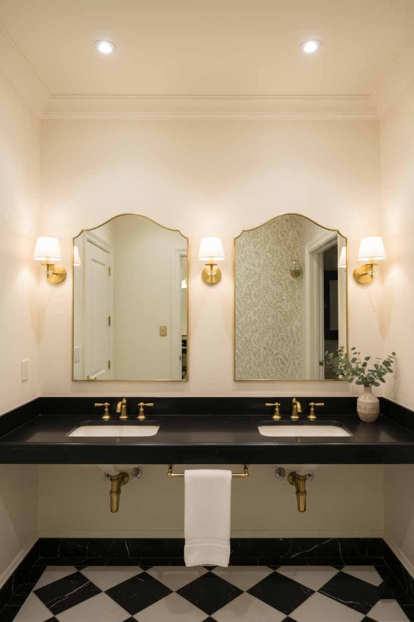 Pair of brass framed arched mirrors above double vanity with black marble counter, brass faucets, and wall sconces