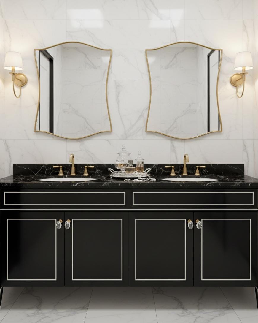Pair of scalloped brass mirrors in luxury bathroom