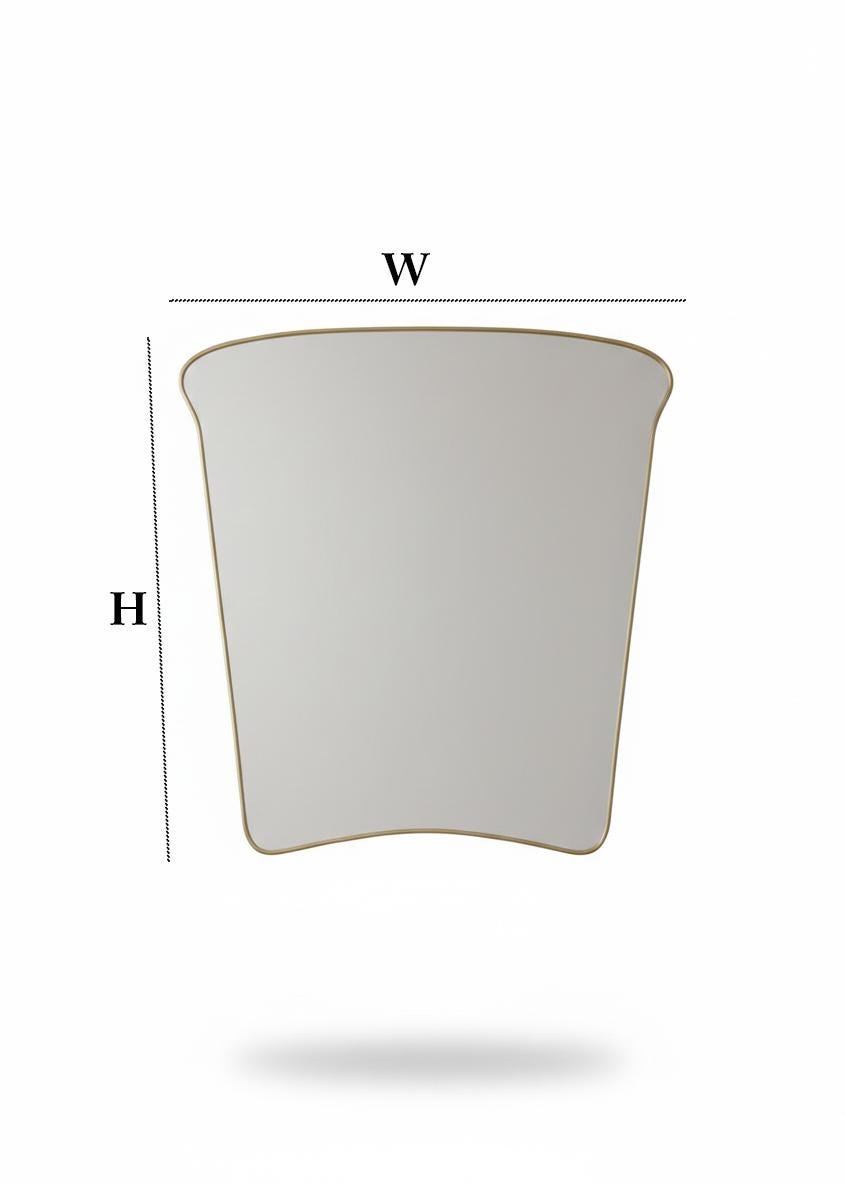 Curved square brass mirror with size diagram