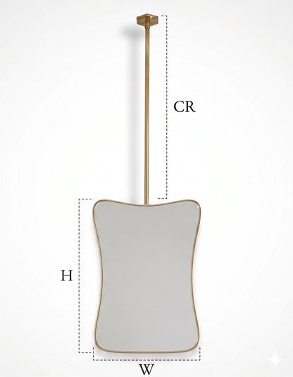 Curvy brass hanging mirror with ceiling rod