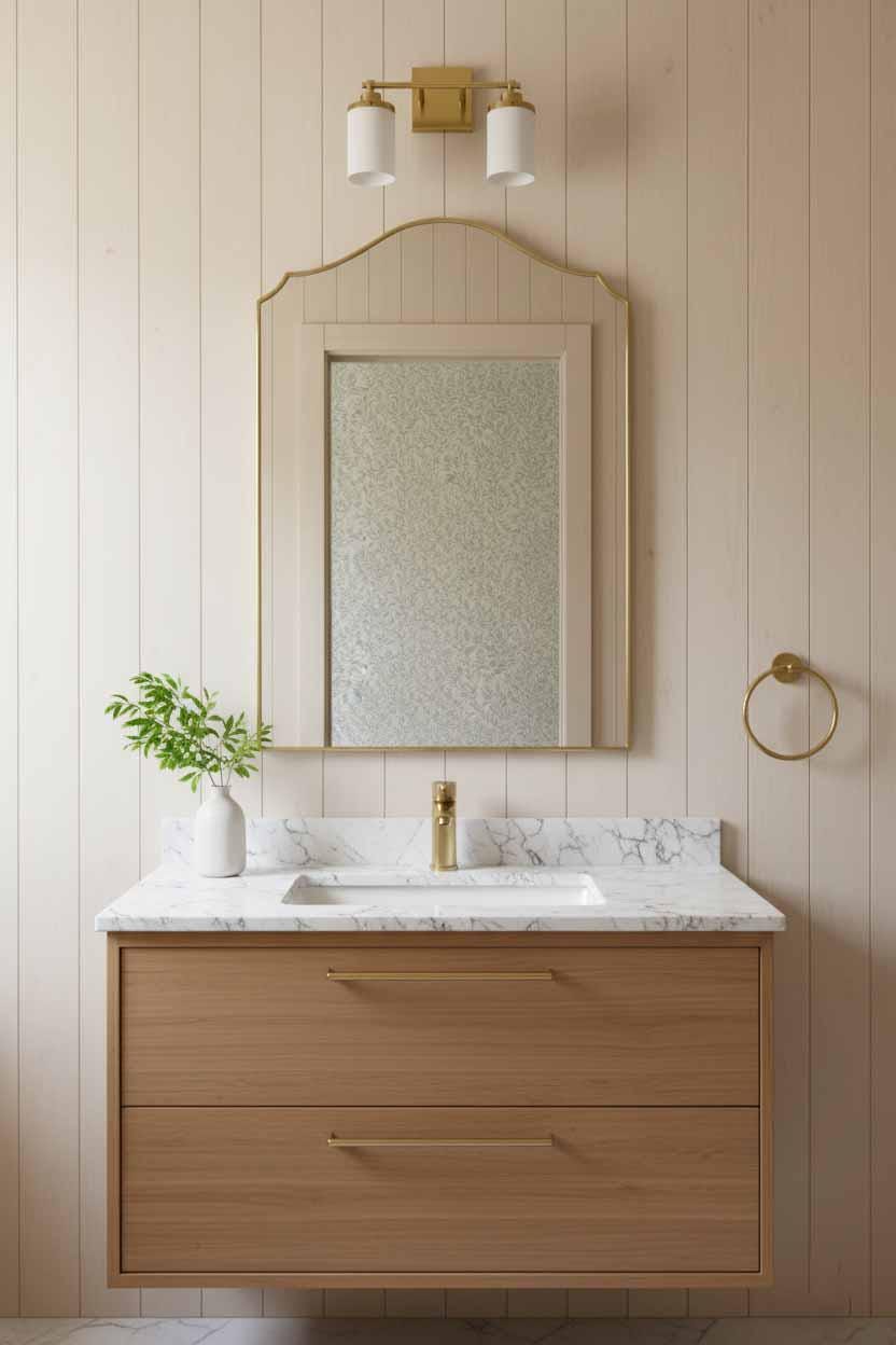 Arched brass framed mirror above light wood vanity with marble top, gold faucet, and small vase with greenery
